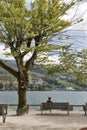 White middle aged woman sitting on bench. Mondsee lake, Austria Royalty Free Stock Photo