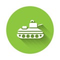 White Military tank icon isolated with long shadow. Green circle button. Vector