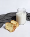 White milk drink served with bread is good for breakfast in the morning. Royalty Free Stock Photo