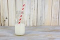 White milk in retro bottle with straw