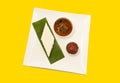 white Milk Rice and fish curry with chili sambal top view