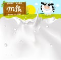 White Milk Splash on Farm Background With Cow, Green Field and Sun - Vector Royalty Free Stock Photo