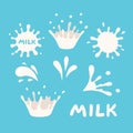 White milk splash set. Bolt on blue background Royalty Free Stock Photo