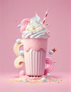 White milkshake in pink cup with decorations. Generative AI