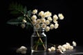 white mimosa blossoms in a jar on black background Royalty Free Stock Photo
