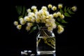 white mimosa blossoms in a jar on black background Royalty Free Stock Photo