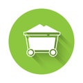 White Mine coal trolley icon isolated with long shadow background. Green circle button. Vector Royalty Free Stock Photo