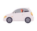 White Mini Car with Female Driver, Side View Vector Illustration Royalty Free Stock Photo