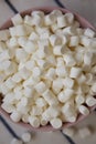 White Mini Marshmallows in a Pink Bowl, top view. Flat lay, overhead, from above Royalty Free Stock Photo