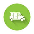 White Minibus icon isolated with long shadow. Green circle button. Vector