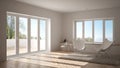 White minimal living room with armchair carpet, parquet floor and panoramic window, scandinavian architecture Royalty Free Stock Photo