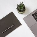 White minimal office desk table with laptop computer, pen and small cactus pot Royalty Free Stock Photo