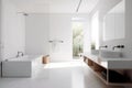 a white, minimalist bathroom with simple accessories and sleek fixtures