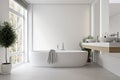 a white, minimalist bathroom with simple accessories and sleek fixtures