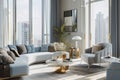 White minimalistic stylish penthouse apartment living room, couch, armchair with coffee table in a spacious space with