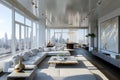 White minimalistic stylish penthouse apartment living room, couch with coffee table in a spacious space with big windows