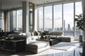 White minimalistic stylish penthouse apartment living room, couch with coffee table in a spacious space with big windows