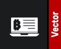 White Mining bitcoin from laptop icon isolated on black background. Cryptocurrency mining, blockchain technology service Royalty Free Stock Photo