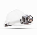 White mining safety helmet with light lamp isolated background Royalty Free Stock Photo