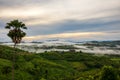 White Mist early Morning sunrise over the hill and Bungalow wide field with palm tre Royalty Free Stock Photo