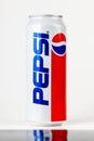 White 500ml big can of Pepsi Cola 1990s, 90s limited edition product object, studio shot. Old pepsi logo, vintage nineties style Royalty Free Stock Photo