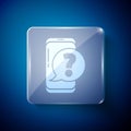 White Mobile phone with question icon isolated on blue background. Square glass panels. Vector Royalty Free Stock Photo
