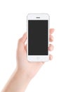 White mobile smart phone with blank screen in female hand Royalty Free Stock Photo