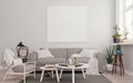 White mock up poster frame on wall with gray sofa in modern interior background, living room, Scandinavian style