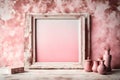 White mockup poster frame, vintage bricked wall, old 8th century theme, aesthetic pink background. Royalty Free Stock Photo