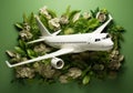 A white model airplane taking off from green leaves, international flights Royalty Free Stock Photo