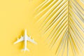 White model plane, airplane and palm leaf on yellow background. Top view, flat lay. Travel, vacation concept. Royalty Free Stock Photo