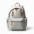 White modern backpack design isolated. Front view of blank schoolbag with leather details, pockets, zippers, handle. Template for Royalty Free Stock Photo
