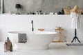 White modern bath in contemporary apartment with stylish interior Royalty Free Stock Photo