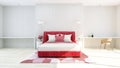 White modern bedroom interior with red bed and carpet in Valentine theme color , 3D Rendering Royalty Free Stock Photo