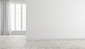 White modern bright empty room interior with window, wood floor and curtain.