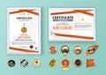 White modern certificates with red abstract ribbons, grey realistic frame and set of different badges. Abstract vector template. L