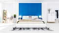 White modern contemporary bedroom interior in blue and white theme color with sea view terrace, 3D Rendering Royalty Free Stock Photo