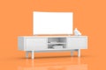 White Modern Curved Led or LCD Smart TV Screen Mockup above White Console Rack in Clay Style. 3d Rendering Royalty Free Stock Photo