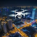 White modern digital vehicle drone flying under city. Military technology, night air raids. Buildings, civilian town