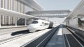 White modern high speed train on railway station at sunset Railway tourism 3d render Royalty Free Stock Photo