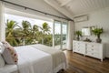 White modern hotel bedroom with tropical view Royalty Free Stock Photo