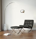 White modern interior with black chair and a floor lamp Royalty Free Stock Photo