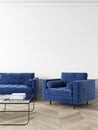 White modern interior with blue furniture armchair and sofa.