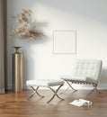 White modern interior with white chair and pampas grass with blank frame Royalty Free Stock Photo