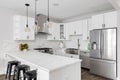 A white modern kitchen with black lights, stools, and hardware.