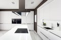 White modern kitchen with steel appliances.