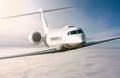 White modern luxury private jet flies in the air above the clouds. Close-up view business airplane Royalty Free Stock Photo