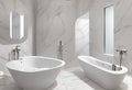 White marble bathroom design idea with jacuzzi, bathtub and shower