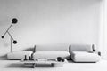 White modern minimalist interior with sofa, coffee table and floor lamp. Royalty Free Stock Photo