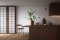 White Modern Spring Kitchen Interior with Indoor Tree and Organic Materials